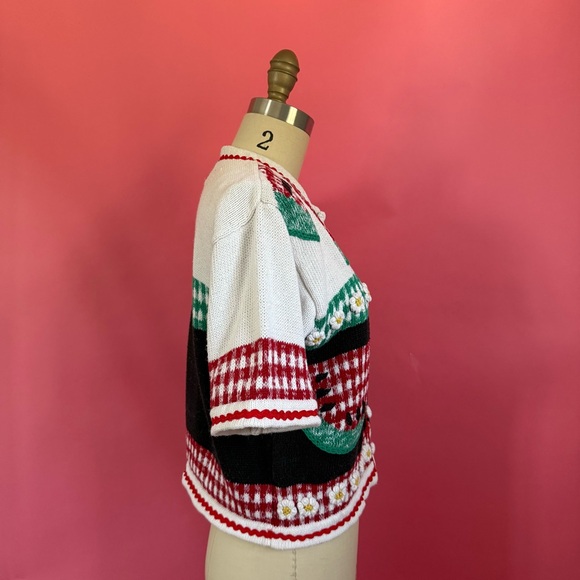 Vintage 80s/90s Watermelon Picnic CottageCore Knitted Short Sleeve Cardigan S - Picture 7 of 11